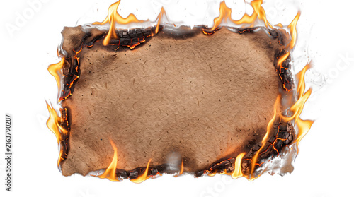 Photography Close-up of brown paper burning with vibrant isolated on png transparent backgro