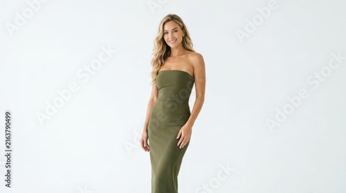 Beautiful young woman with blonde hair wearing a stylish olive green strapless dress smiling at the camera