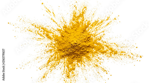Golden turmeric powder burst isolated on transparent background for food and health design