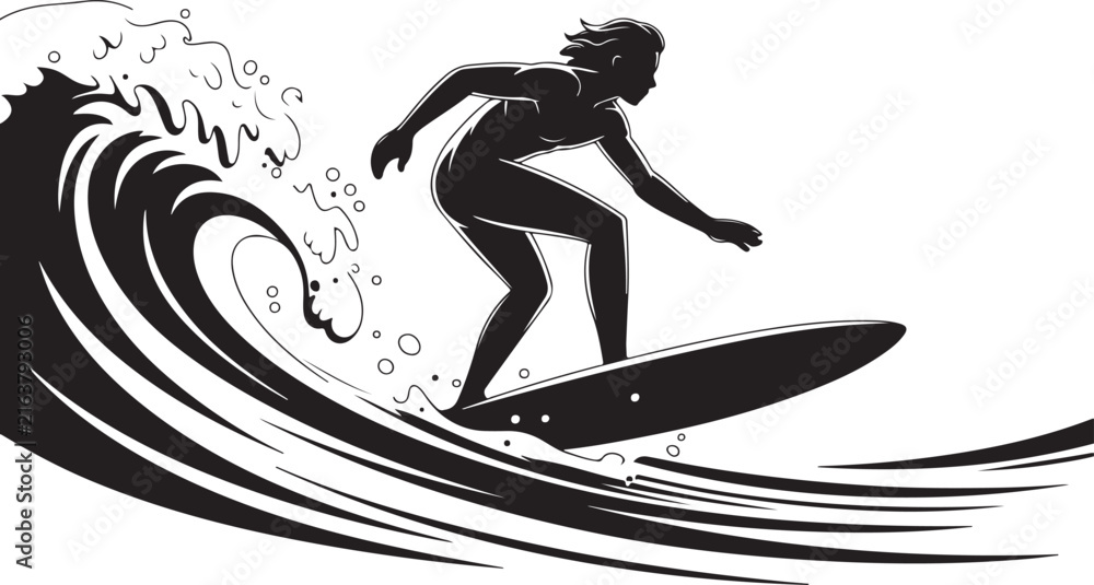 Fototapeta premium Black silhouette of a surfer riding a wave with water splashes