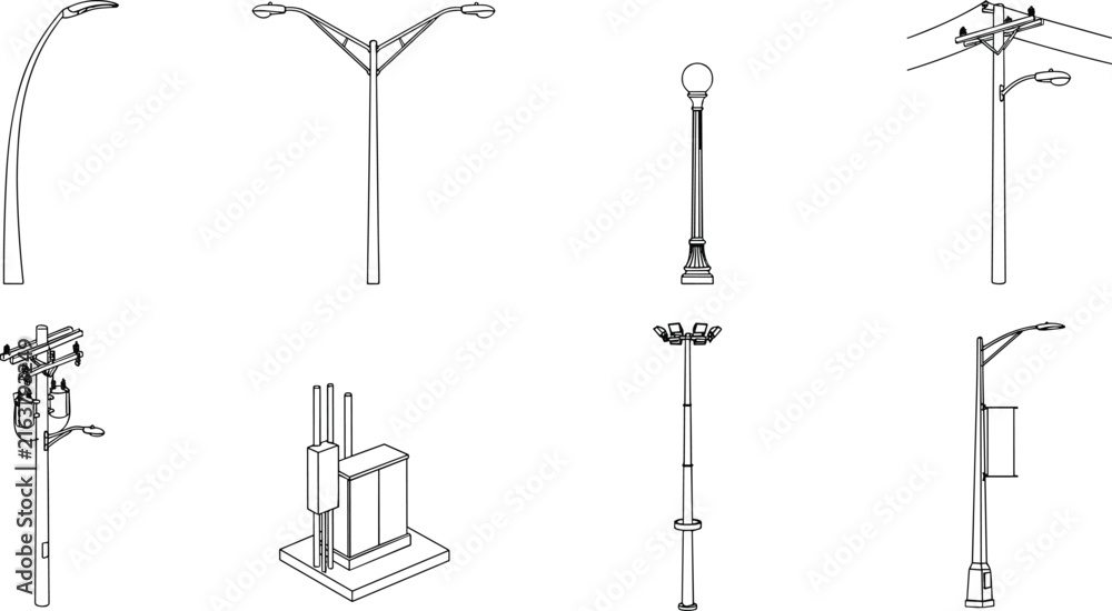 Fototapeta premium Outdoor Street Lamp Line Art Collection with Modern, Vintage, Utility, and Solar Lighting Poles