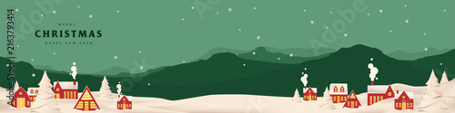Green Merry christmas and happy new year greeting card banner paper art style with  snowy winter landscape red village and forest scene for holiday celebration and festive background
