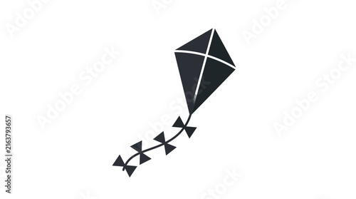 Minimalist black kite vector illustration featuring a simple geometric frame and a decorative tail with small flowing ribbon shapes