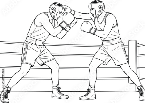 Black and white line art illustration of two professional boxers sparring in a ring with sparring training athletes competition exercise headgear