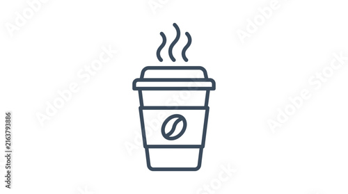 Minimalist vector illustration featuring a simple line art coffee cup icon with steam rising for modern cafe branding projects design
