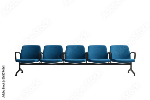 Row of blue public waiting chairs on transparent background