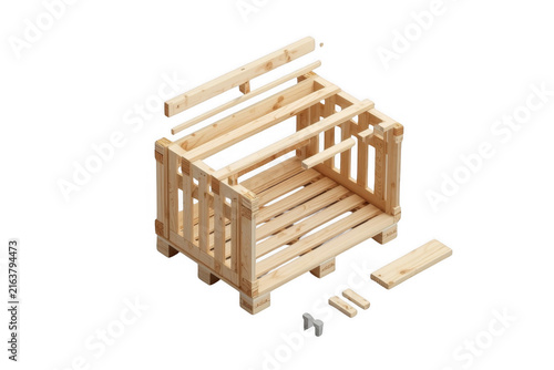 Wooden crate assembly process on transparent background