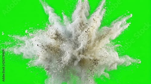 White powder explosion with debris on green screen background