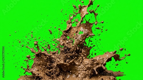 Large splash of brown liquid isolated on green background