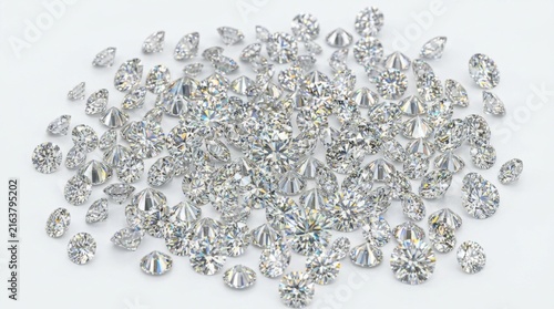 Many round cut clear gemstones on a white background