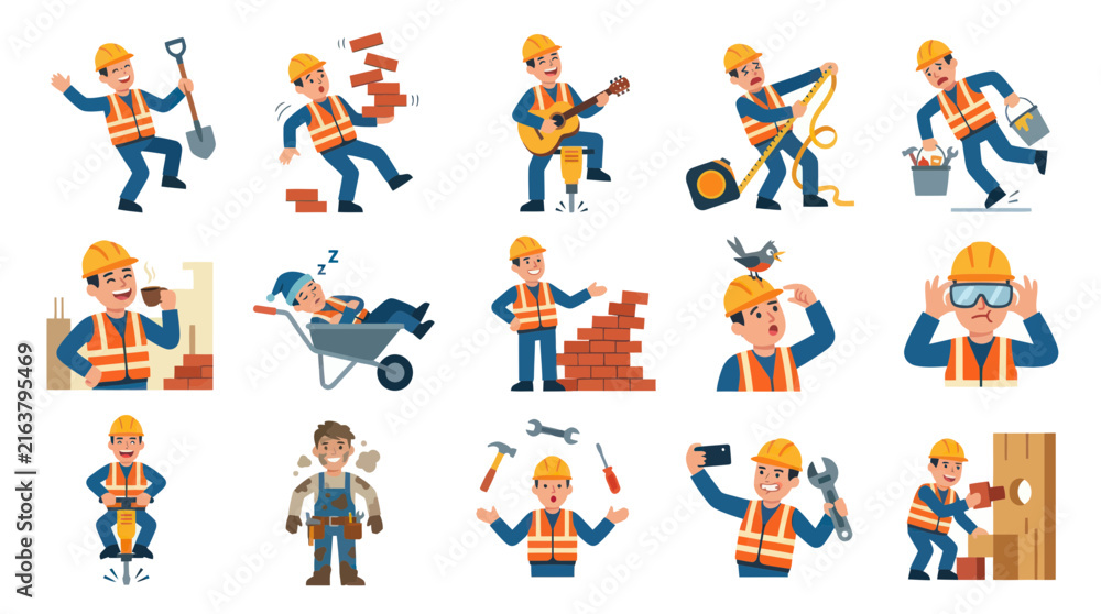 Fototapeta premium Construction Worker Flat Style Icons: Building, Safety, Tools, Activities