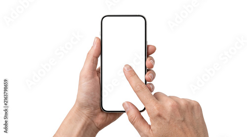Hand holding modern smartphone with blank white screen for png isolated on transparent background