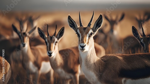 Close up of antelope herd grazing with blurred background soft warm light high detail fur texture natural habitat setting