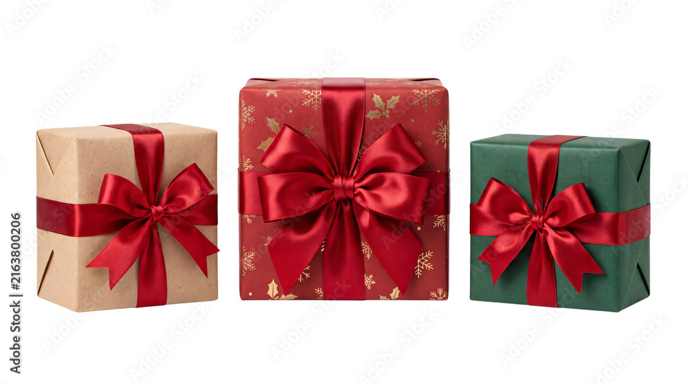 Fototapeta premium Three festive gift boxes with red ribbons on a dark png isolated on transparent background