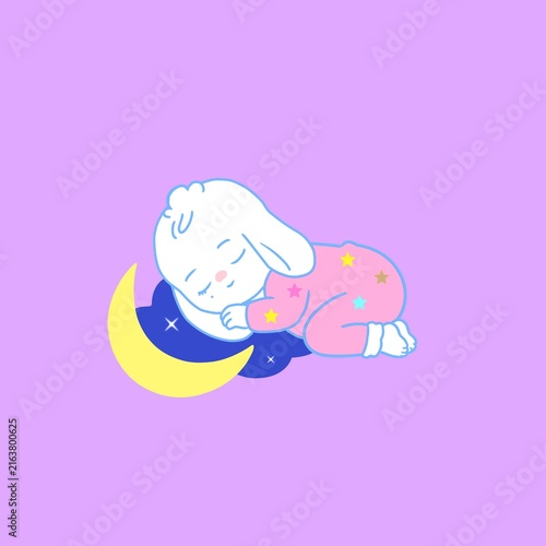 Cute white bunny sleeping on yellow crescent moon wearing pink pajamas on soft purple background vector illustration