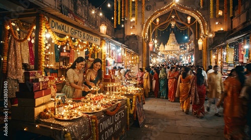 Two women selling diwali gifts and traditional oil lamps in a bustling decorated indian street market at night