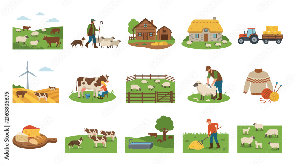 Fototapeta premium Farm Life Flat Illustration: Cows, Sheep, Farmer, Tractor, Buildings, Wool Sweater