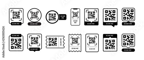 QR Code Scan Me Collection with Decorative Frames and Labels for Digital Payment, Mobile App and Identification. Scan Me Icon Vector Illustration for Smartphone