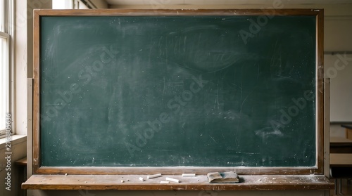 Vintage green chalkboard in a classroom with chalk and eraser