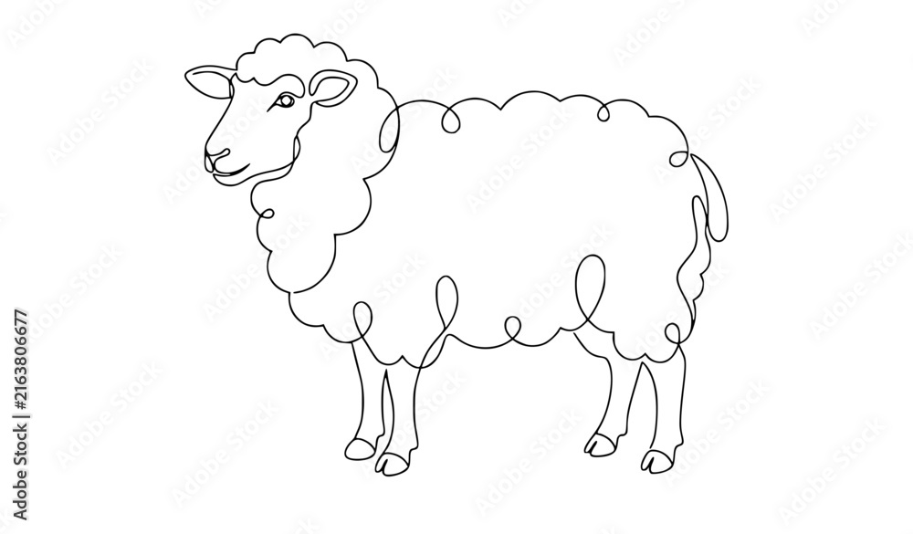 Obraz premium Wool Sheep Single Continuous Line Art Farm Animal Vector Illustration