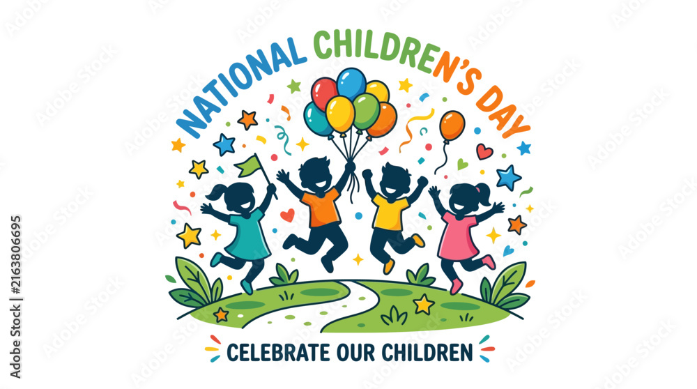 Naklejka premium National Children's Day Celebration Illustration with Happy Silhouettes Jumping with Colorful Balloons in a Festive Park
