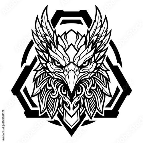 Detailed black and white vector illustration of a majestic eagle head with intricate geometric and tribal patterns, framed by abstract shapes.