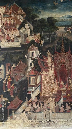 Konstfotografi Traditional Thai Buddhist mural painting depicting Buddhist mythology on the temple wall in Bangkok, Thailand
