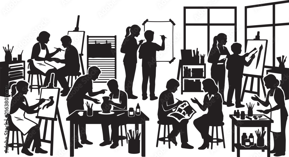 Fototapeta premium Art studio silhouette vector, creative workshop with artists painting and sculpting, black and white hobby class illustration