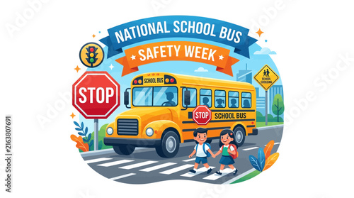 Illustration of children crossing the street for National School Bus Safety Week event featuring a bus and traffic signs