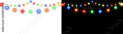 Colorful bulb string lights hang in a festive garland with glowing multicolor bulbs ideal for holiday decor design in PNG, Transparent and Black Background Versions