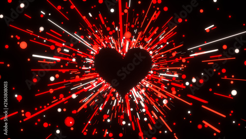 Foto Red love heart and radiation particles light on black background