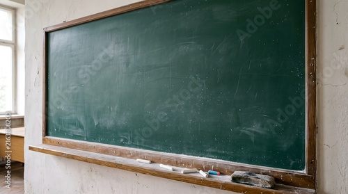 Vintage green chalkboard in a classroom with chalk and eraser