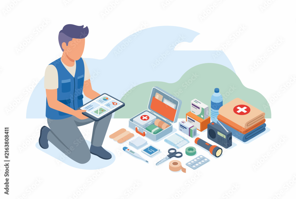 Fototapeta premium Isometric Aid Worker Using Emergency App and First Aid Kit
