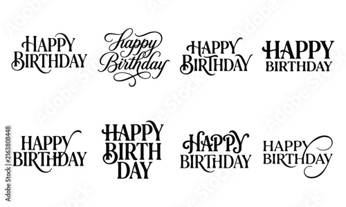 Set of happy birthday typographic design elements in various lettering styles