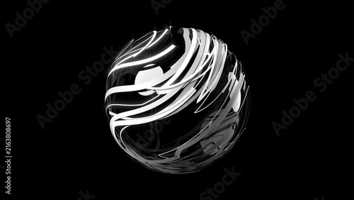 Black and white glass curved ribbon wrapped around a ball on black background