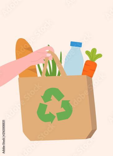 Illustration of Person Holding Reusable Grocery Bag