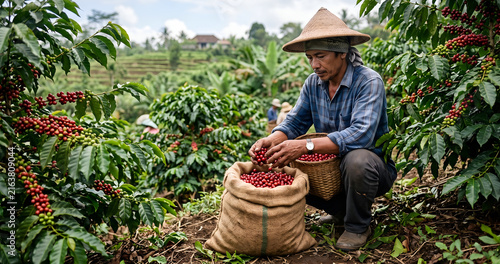 Coffee Farmer Collecting Coffee Cherries Into a Sack
