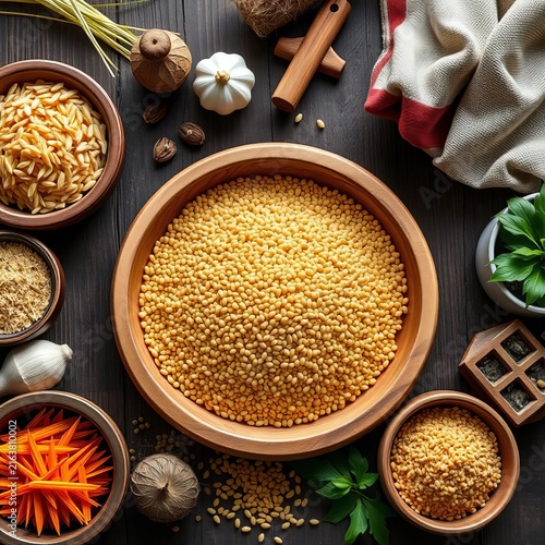 Coarse millet grain scattered in wooden tray, surrounded by rustic farmhouse ingredients on traditional Shanxi plateau table settings, Asian cuisine, table setting