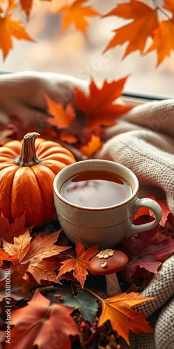 Cozy autumn morning scene featuring a warm cup of coffee, surrounded by vibrant pumpkin, maple leaf, and mushroom elements, warm, cozy