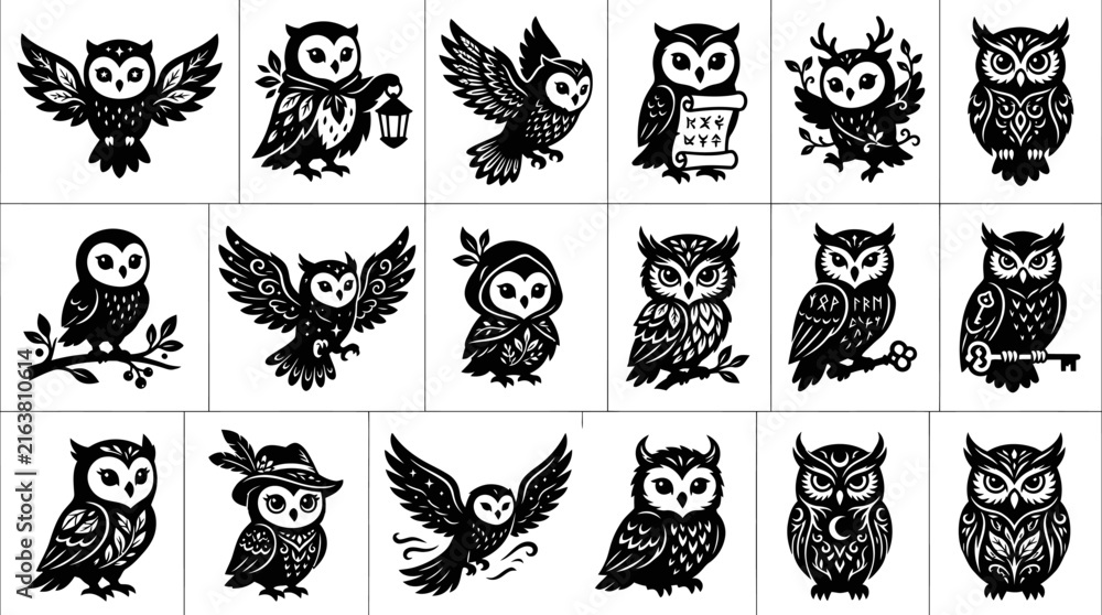 Obraz premium Black and White Owl Glyphs Collection - Nature, Wisdom, and Mystical Decorative Animal Vector Set