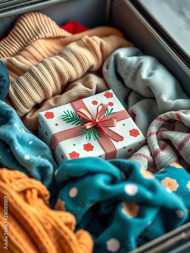 Gift-wrapped present nestled among clothes in suitcase, travel, suitcase