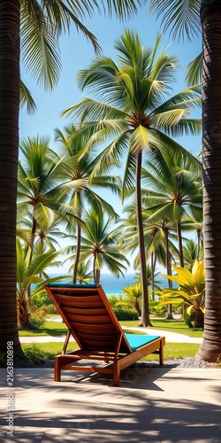 Lounge chair surrounded by tropical palm trees, tropical, getaway