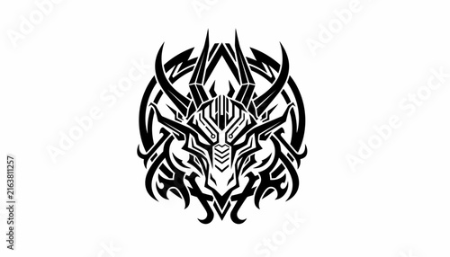 A striking black and white tribal art illustration of a fierce dragon head with intricate details and sharp horns.