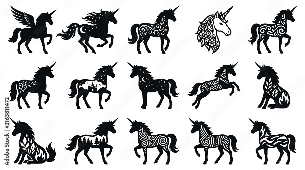 Obraz premium Fantasy Mythical Unicorns Vector Collection. Decorative Pattern Silhouettes, Magical Glyph Horse Creatures Set