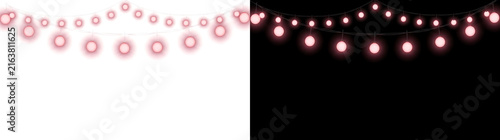 Pink bulb string lights hang in a swag garland with glowing round lamps ideal for festive decor design in PNG, Transparent and Black Background Versions