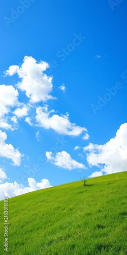 Serene green grass slopes upwards to meet a brilliant blue sky dotted with fluffy white clouds, sky blue, country scenery