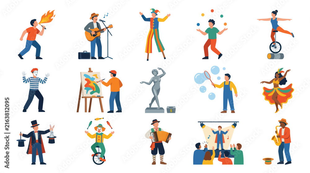Fototapeta premium Street Artists and Entertainers Flat Vector Illustration. Creative Professions and Performance Talents Collection.