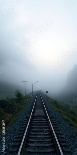 Silent train tracks disappear into misty valley, ||foggy landscape, remote location