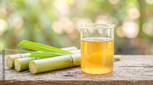 Sugar Cane Juice Elixir: Freshly cut sugarcane stalks and leaves rest beside a beaker filled with golden sugarcane juice.