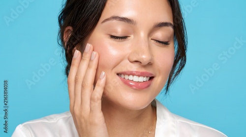 Close up smiling woman touching cheek with healthy skin blue background
